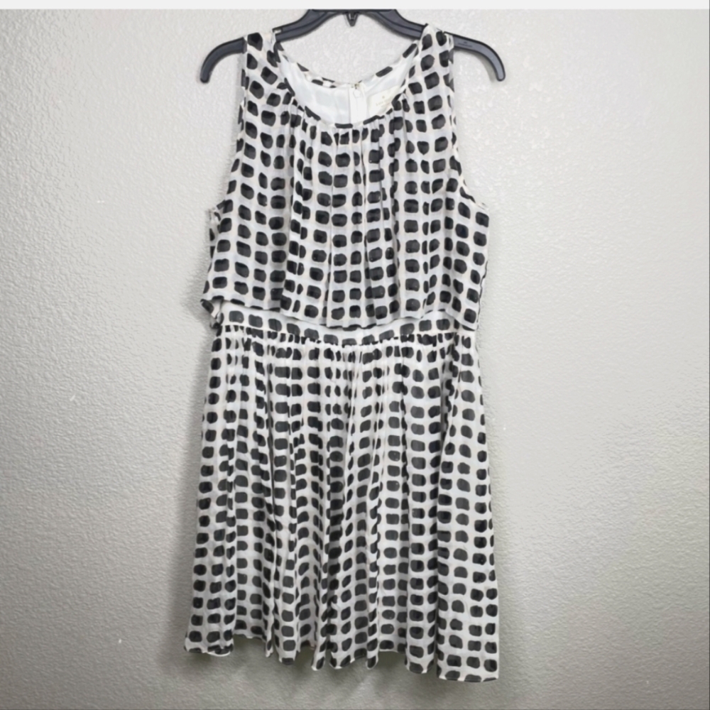 Kate Spade Size 14 Silver Lining Dot Shift Dress Black White Silk Sleeveless
